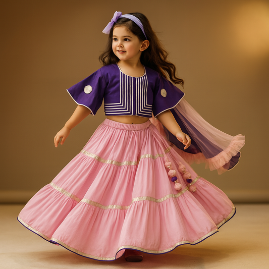 Pre Order: Purple Gota Work Top And Lehenga With Dupatta