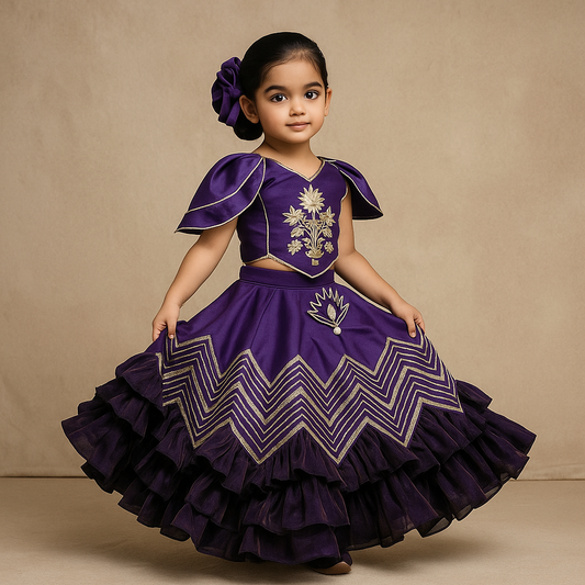 Pre Order: Purple Embroidered Top And Lehenga With Attached Pouch And Dupatta