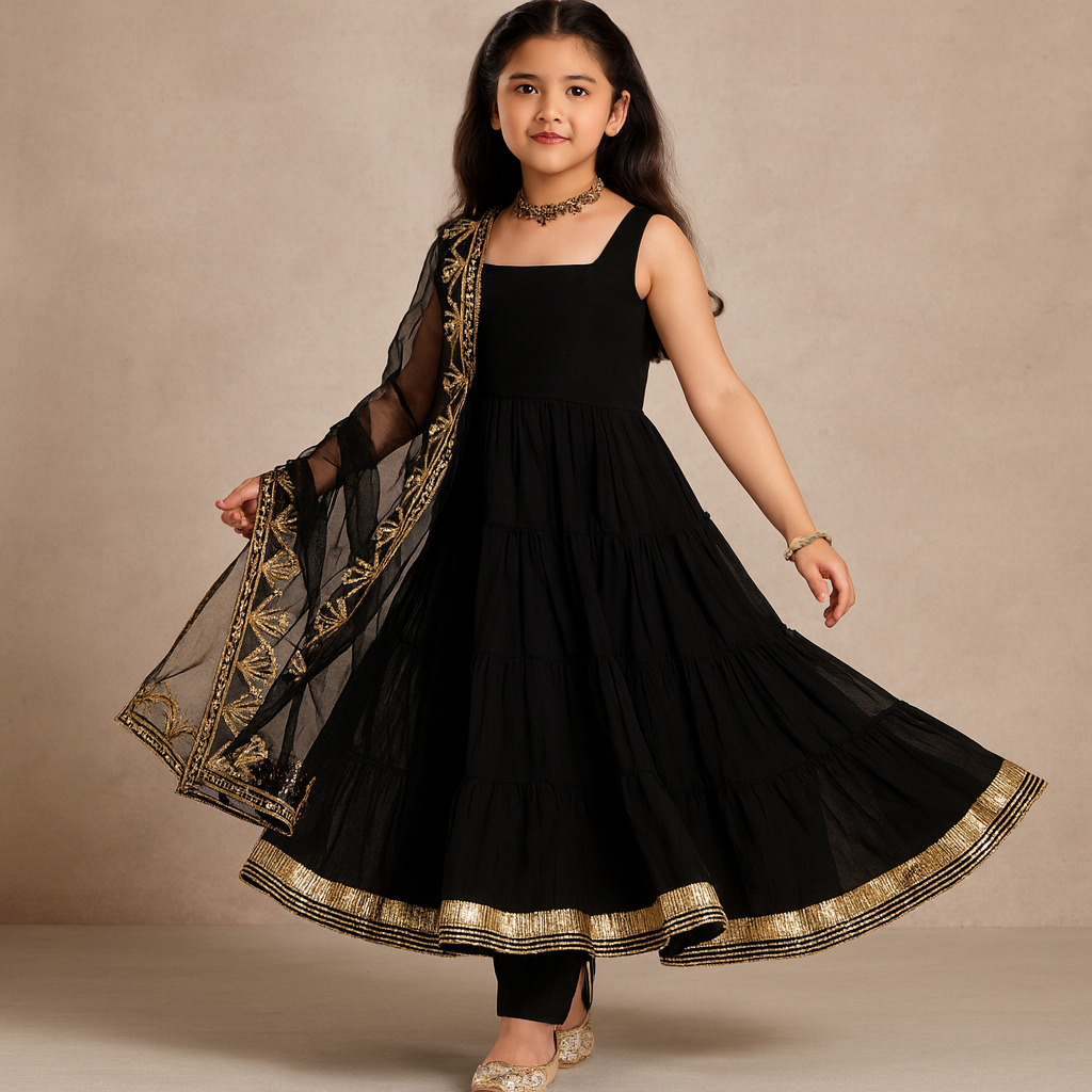 Pre Order: Black Anarkali Gota Detailing Suit Set