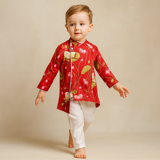Pre Order: Cow And Lotus Printed Stylish Red Kurta With Pyjama