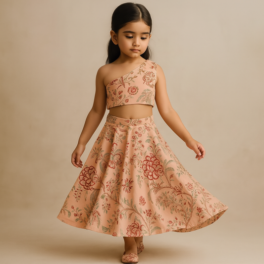 One Shoulder Embroidered Peach Top And Printed Lehenga