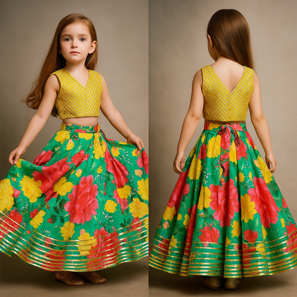 Pre Order: Holographic Lace Detailed Top And Multicolour Printed Lehenga