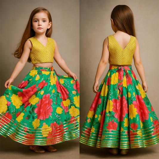 Pre Order: Holographic Lace Detailed Top And Multicolour Printed Lehenga