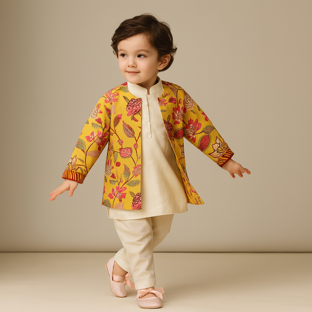 Pre Order: Loop Buttons Detail Kurta With Yellow Open Jacket And Pyjama