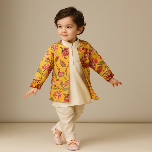 Pre Order: Loop Buttons Detail Kurta With Yellow Open Jacket And Pyjama