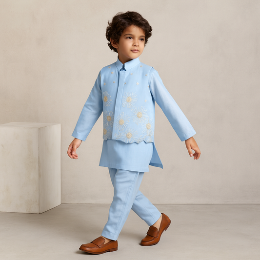 Pre Order: Silk Mandarin Collar Blue Kurta With Open Jacket And Pyjama