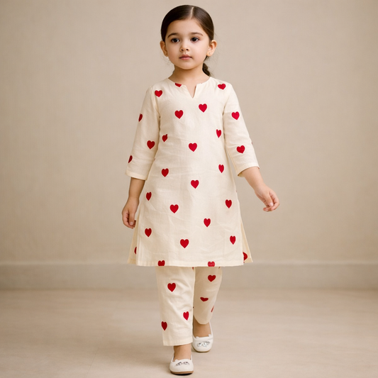 Pre Order : White Hearts Kurta Set