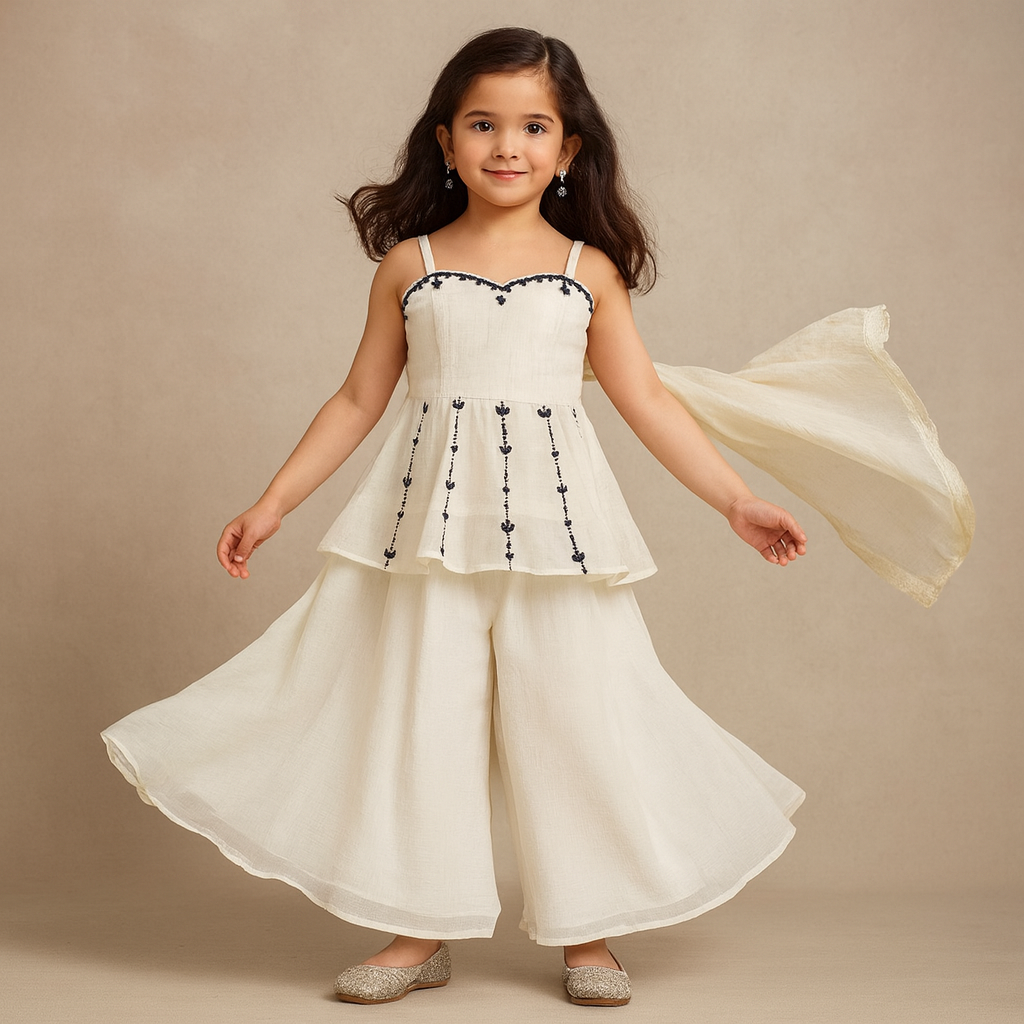 Pre Order: White Embroidered Top With Palazzo Set