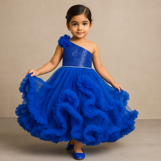 Pre Order: Sequins Embellished One Shoulder Ruffle Layered Party Wear Blue Gown