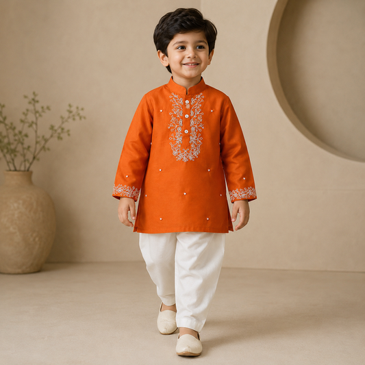 Pre Order: Orange Faux Mirror Work Kurta With Pyjama