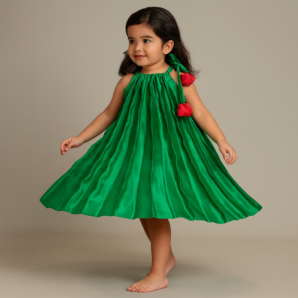 Pre Order: Sheen Green Satin Pleated Dress With Red Floral Tie-Up Detail
