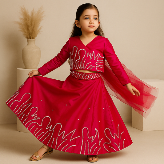 Pre Order: Hot Pink Back Bow Enhanced Top With lehenga