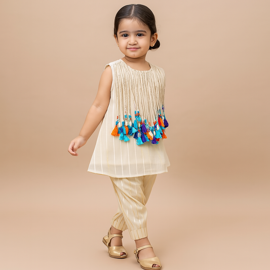 Pre Order: Dangling Strings Tassels Embellished Neckline Kurti With Balloon Pant