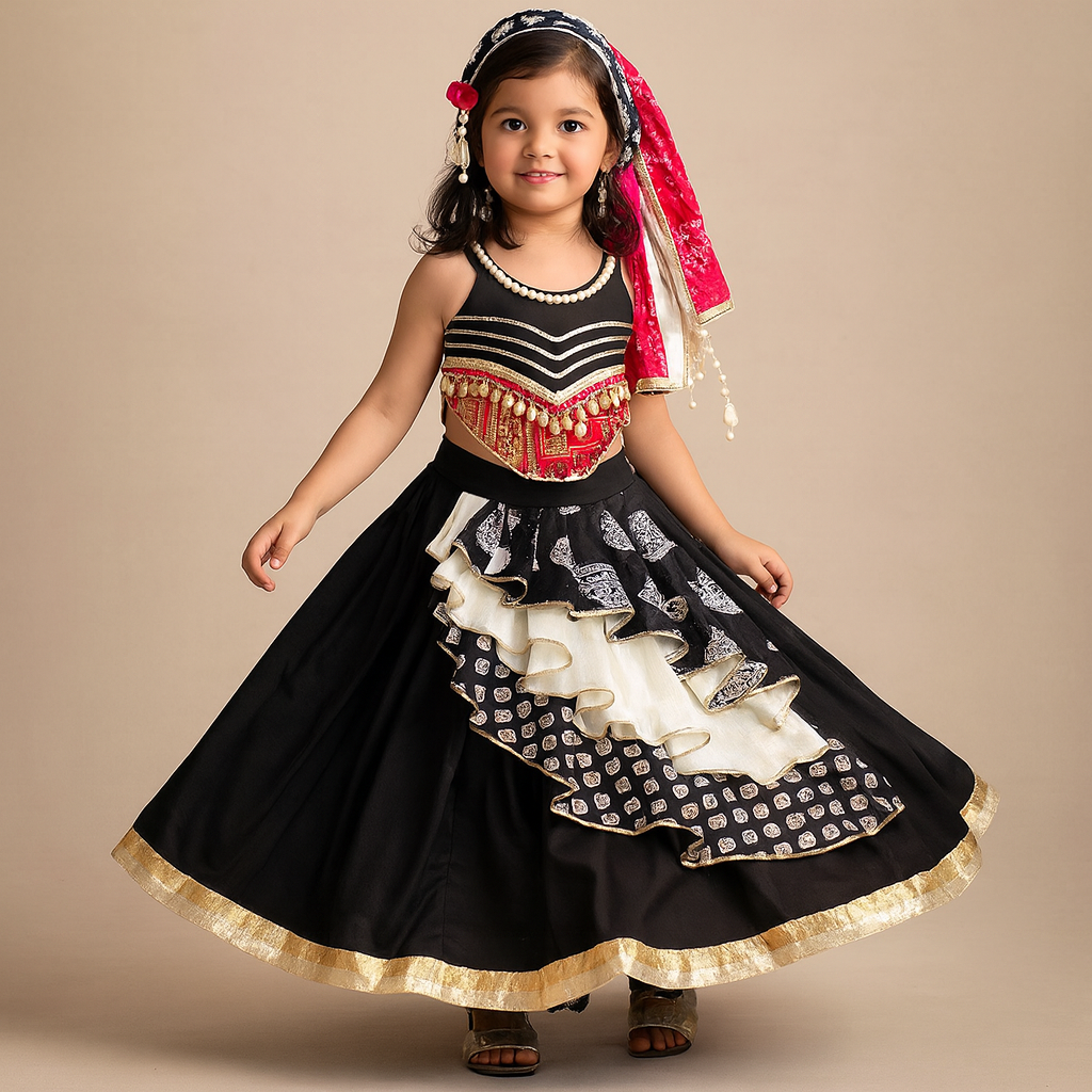 Pre Order: Black Embellished Faux Mirror Embroidered Top With Tiered Lehenga And Dupatta