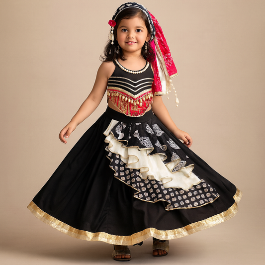 Pre Order: Black Embellished Faux Mirror Embroidered Top With Tiered Lehenga And Dupatta