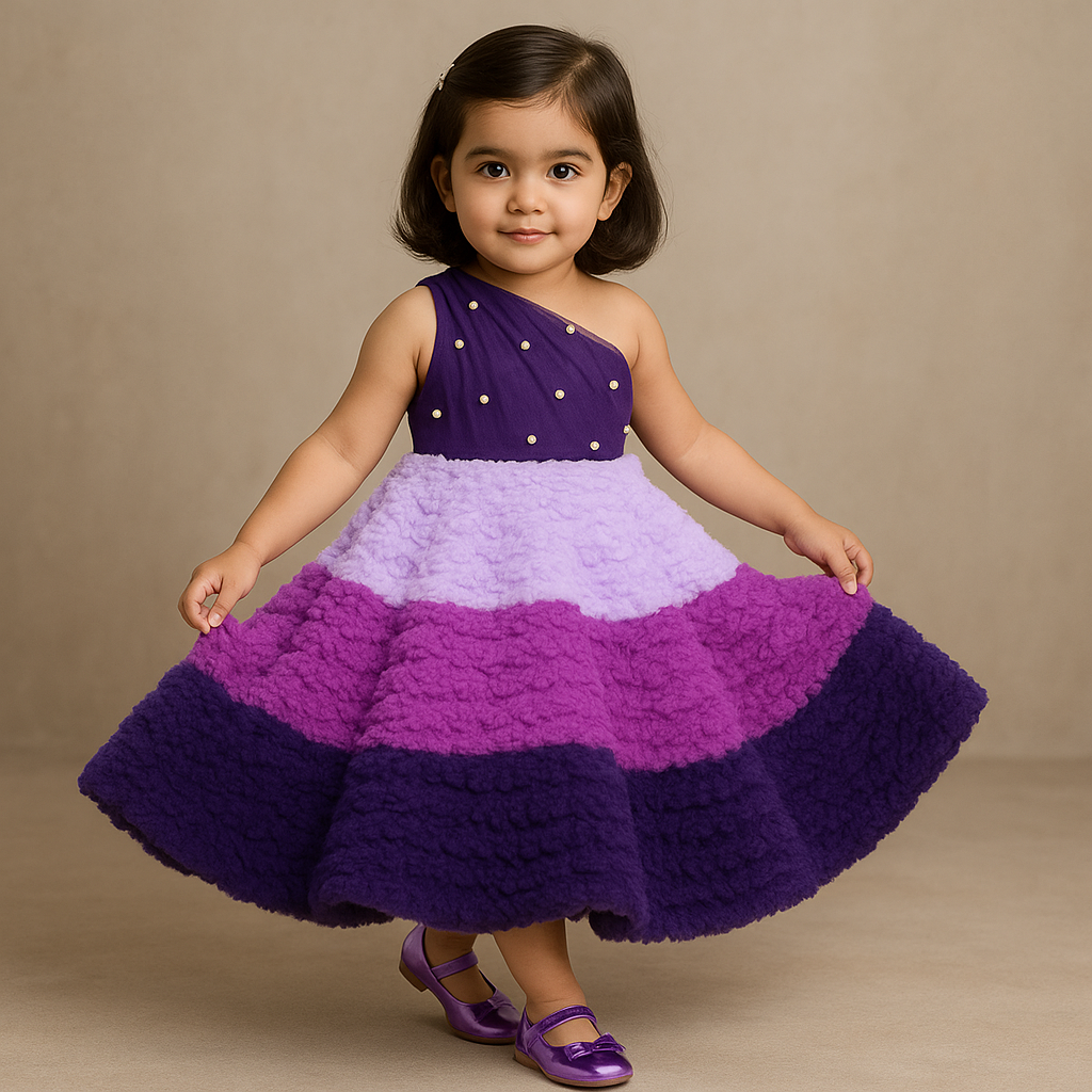 One Shoulder Pearly Ruffled Gown With Attached Drape