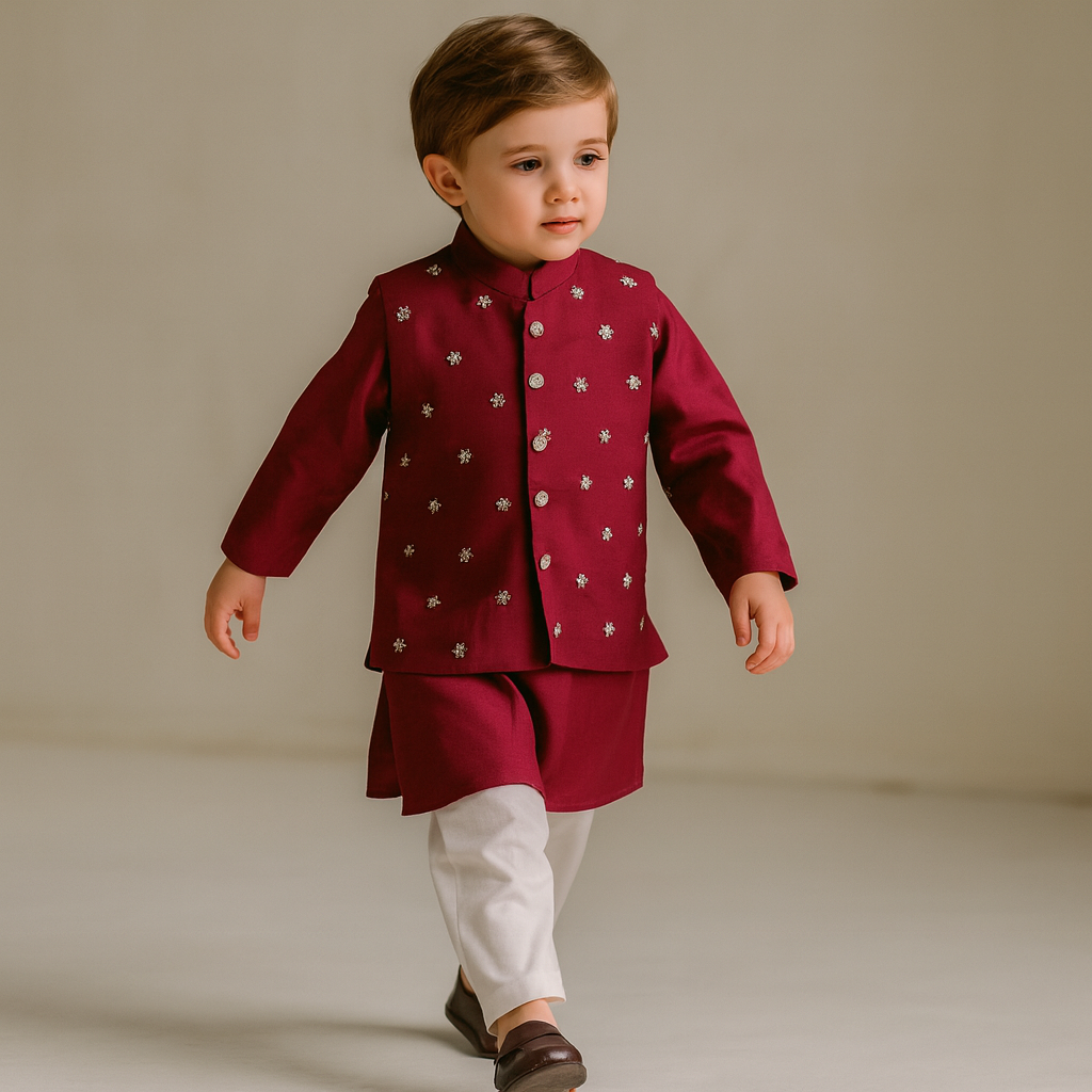 Pre Order: Maroon Ethnic Kurta With Floral Sequins Embroidered Jacket And Pyjama