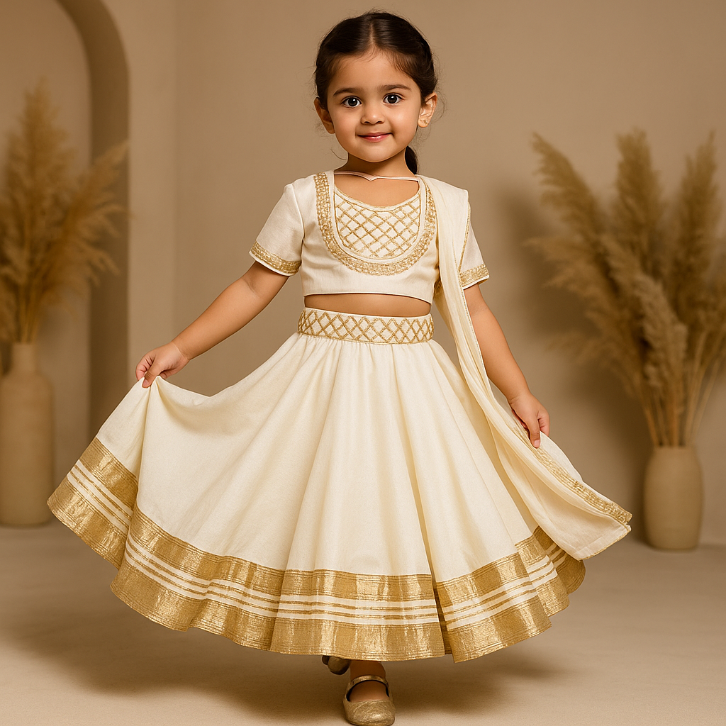 Pre Order: Off White Gota Lace Detailed Top And Lehenga With Dupatta