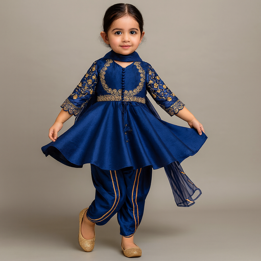 Pre Order: Elegant Navy Blue Embroidered Kurti And Tulip Dhoti With Dupatta