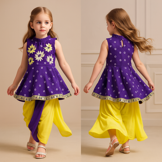 Pre Order: Printed Gota Flower Embroidred Flared Kurti With Dhoti Style Skirt