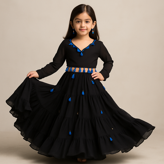 Pre Order: Black Magic Tassels Details Georgette Lehenga Set