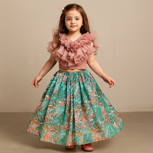 Pre Order: Peach Frilly Top And Printed Lehenga