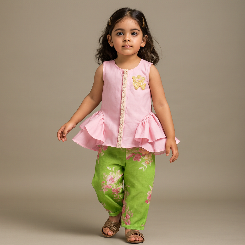 Pre Order: Adorable Sleeveless Ruffle Detailed Top With Floral Pants