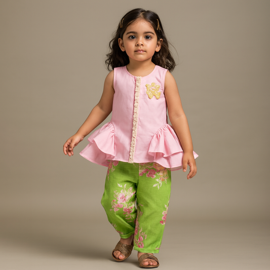 Pre Order: Adorable Sleeveless Ruffle Detailed Top With Floral Pants