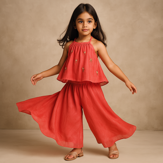 Pre Order: Red Floral Hand Embroidered Top With Flared Palazzo