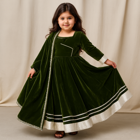 Pre Order: Mehndi Velvet Anarkali Suit Set