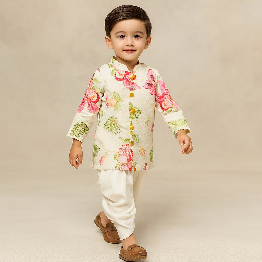 Pre Order: White Printed Kurta With Dhoti