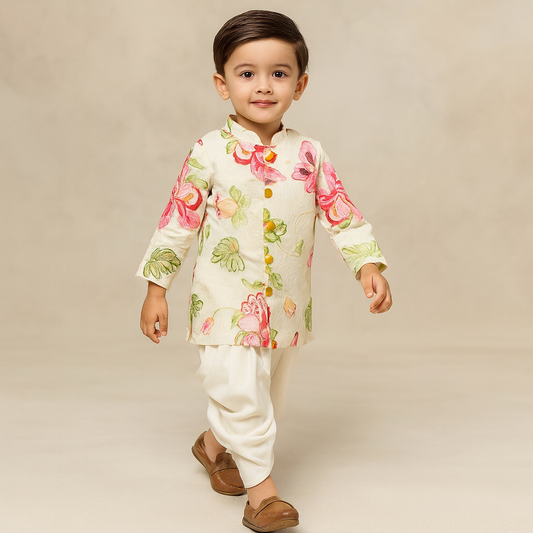 Pre Order: Ivory Printed Kurta With Dhoti