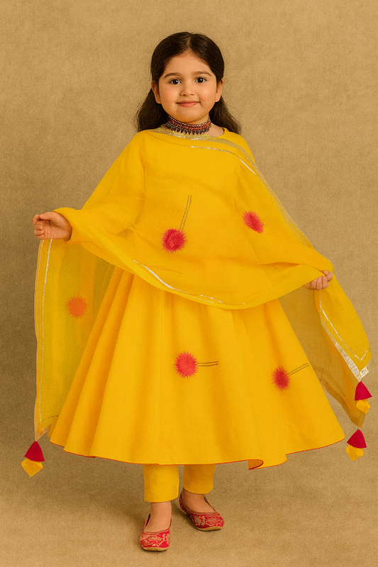 Pre Order: Yellow Anarkali Gota Detailing Suit Set