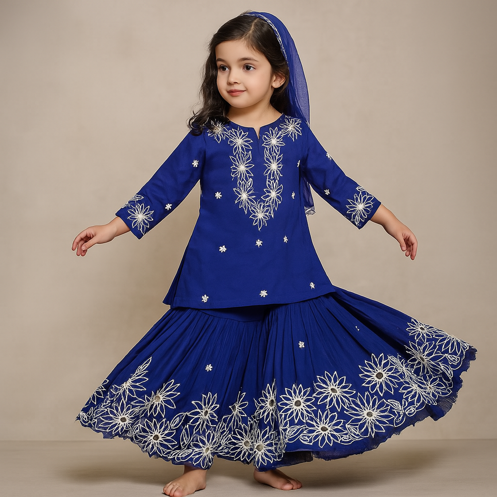 Pre Order: Front Placket Kurti And Pleated Sharara With Net Dupatta