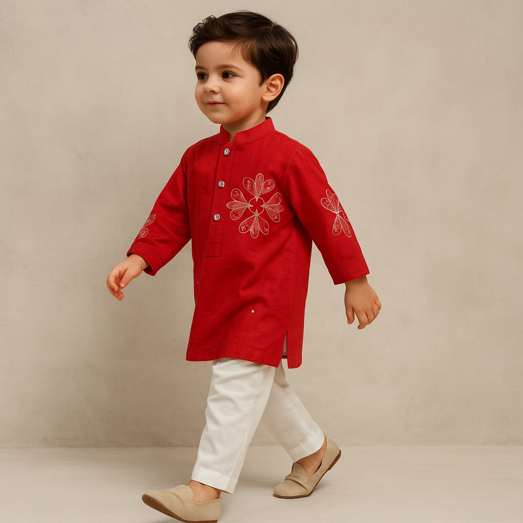 Pre Order: Pin Tuck Front Open Red Kurta And Pyjama