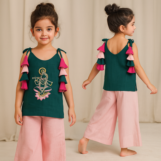 Pre Order: Krishna Embroidered Tie Up Strap Kurti And Pink Flared Palazzo