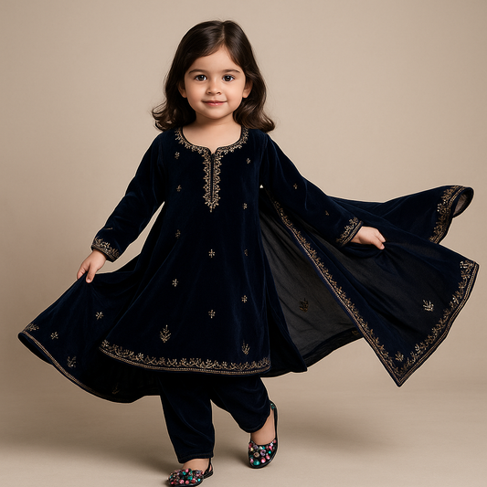Pre Order: Black Velvet Embroidered Dupatta Suit Set