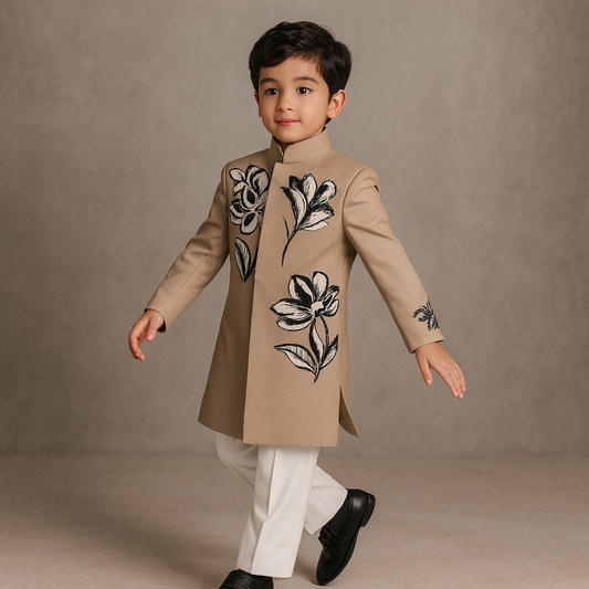 Pre Order: Beige Floral Hand painted Sherwani And Pant