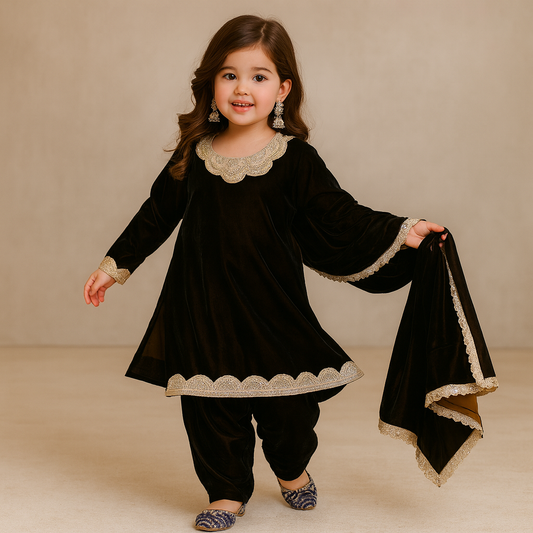 Pre Order: Brown Velvet Embroidered Dupatta Suit Set