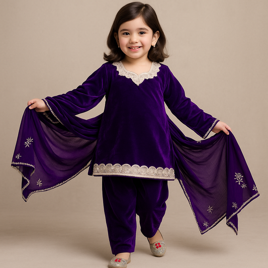 Pre Order: Purple Velvet Embroidered Dupatta Suit Set