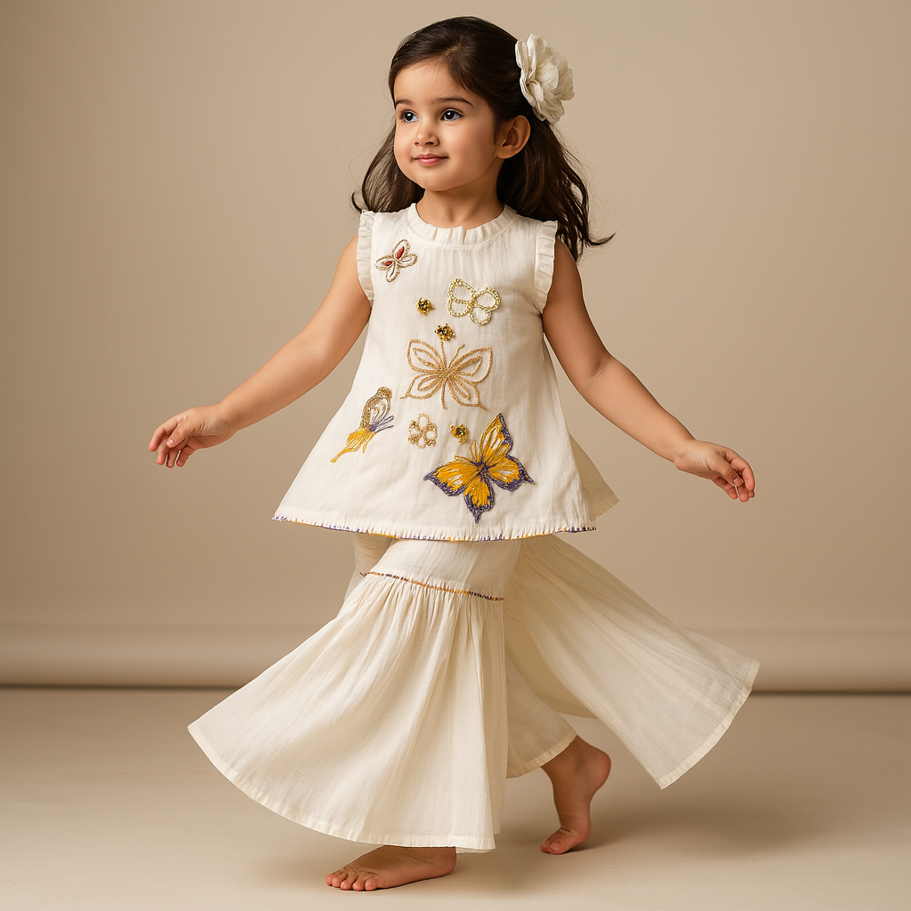 Pre Order: Intricate Butterfly Embroidered Kurti And Sharara