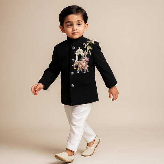 Pre Order: Black Ethnic Embroidered Sherwani With Pyjama