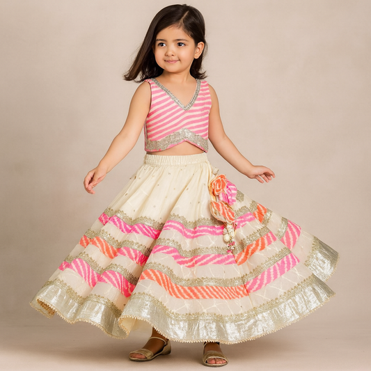 Pre Order: Leheriya Printed Top And Faux Mirror Work Lehenga