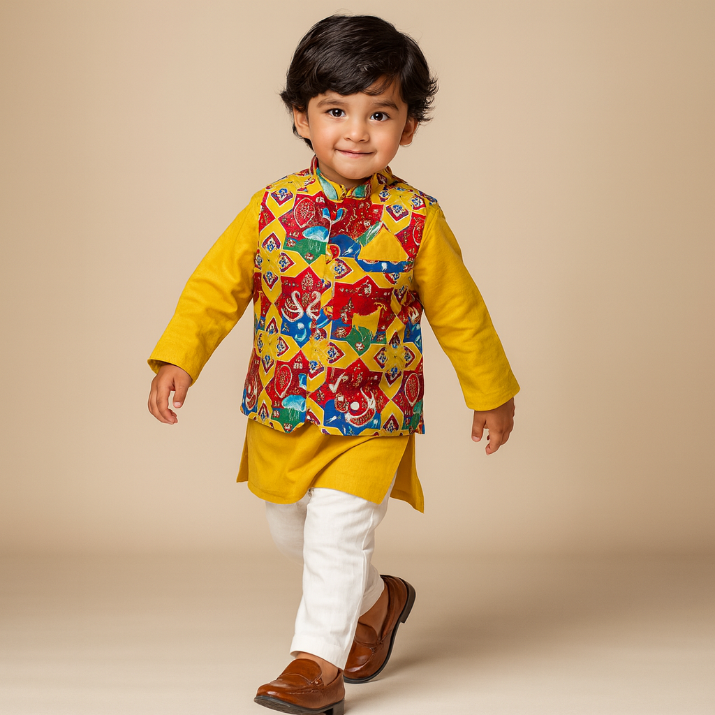 Pre Order: Ethnic Kurta With Pocket Detail Printed Jacket And Pyjama