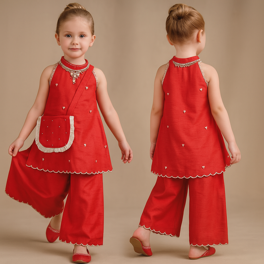 Pre Order: Embroidered Red Halter Neck Kurti With Palazzo