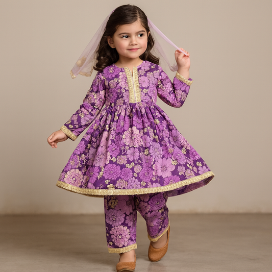 Pre Order: Purple Floral Printed Kurti With Matching Pant And Dupatta