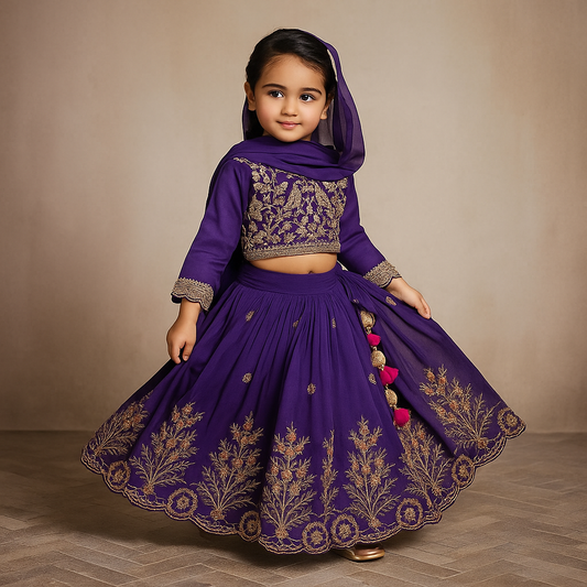 Pre Order: Purple Embroidered Top And Lehenga With Dupatta