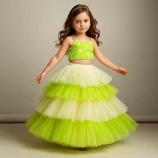 Pre Order: Green Butterfly Embroidered Strappy Top And Multi-Layered Net Lehenga