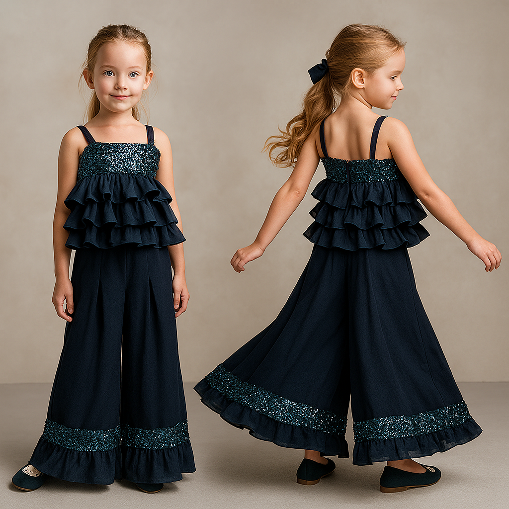 Sequins Embroidered Stylish Ruffled Frilly Top And Box Pleated Palazzo ...
