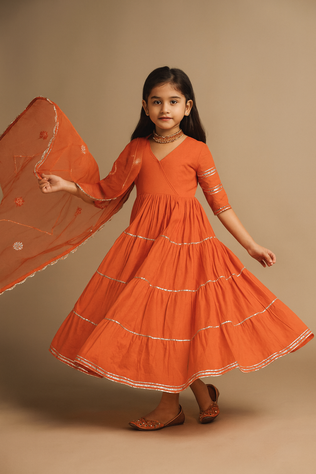 Pre Order: Orange Anarkali Gota Detailing Suit Set
